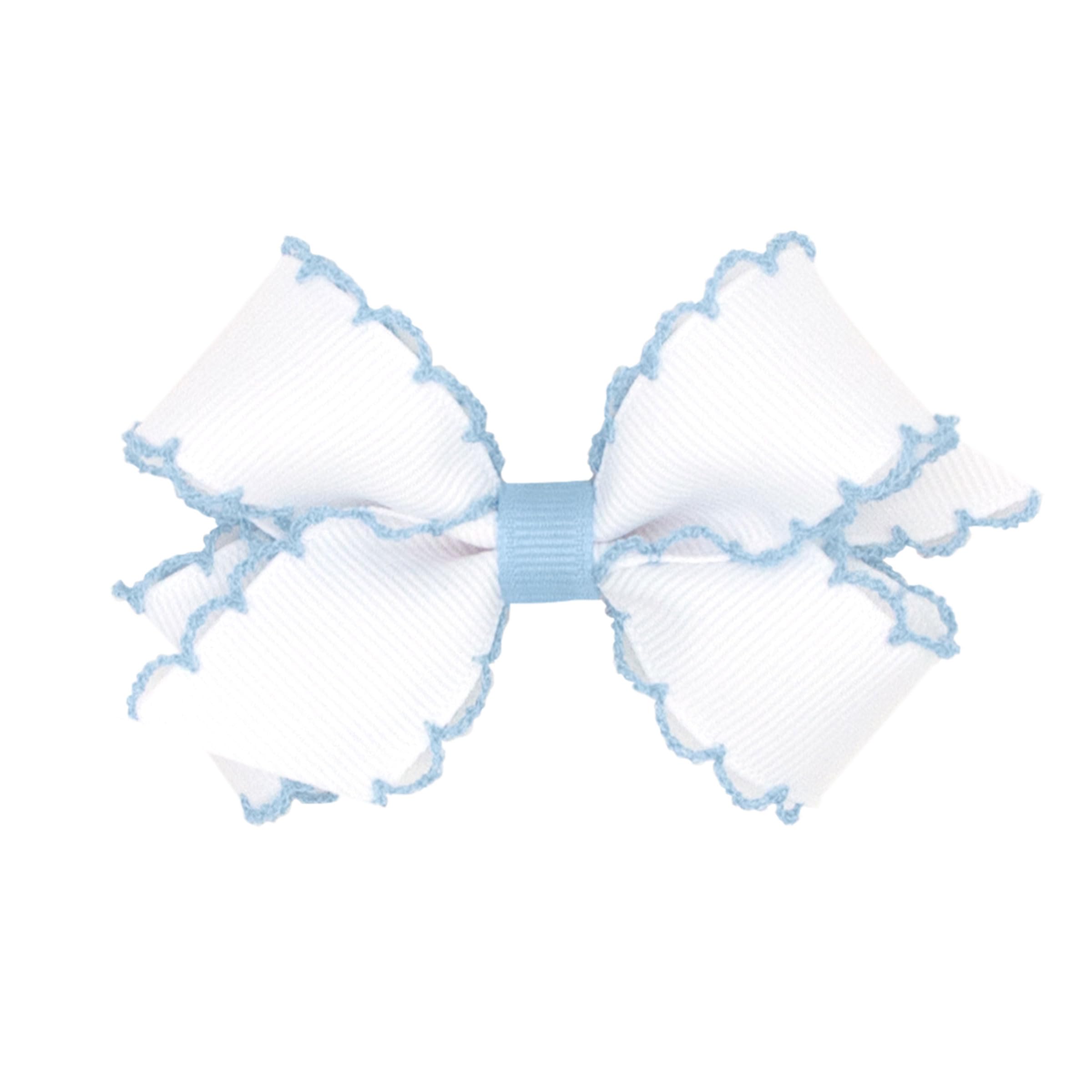 Wee Ones mini bow front view showing white and millennium blue contrast and polished finish