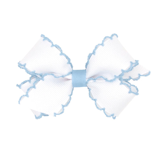 Wee Ones mini bow front view showing white and millennium blue contrast and polished finish