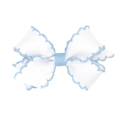 Wee Ones mini bow front view showing white and millennium blue contrast and polished finish