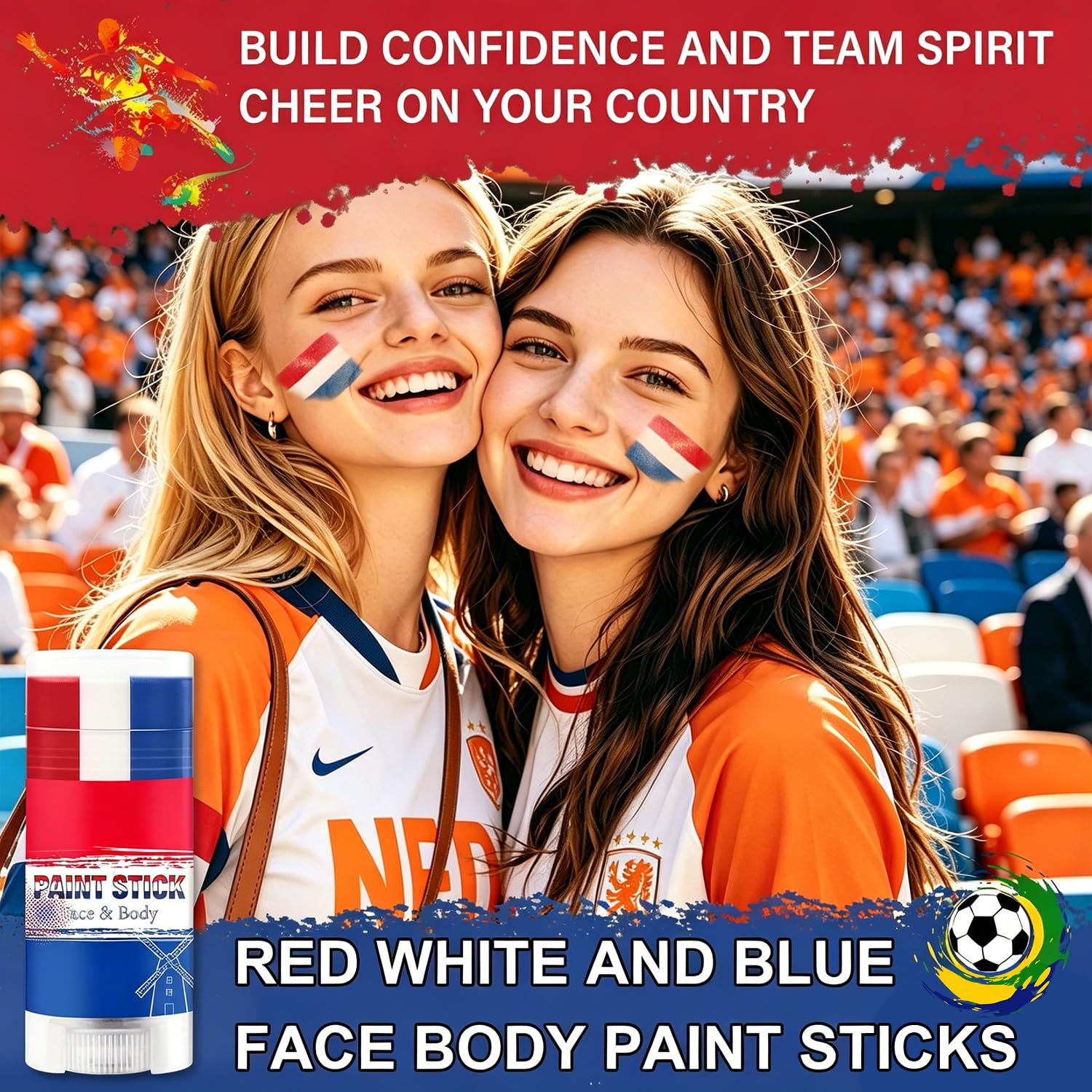 WEEMAY application on fan cheek at match showing fast, bold flag stripes