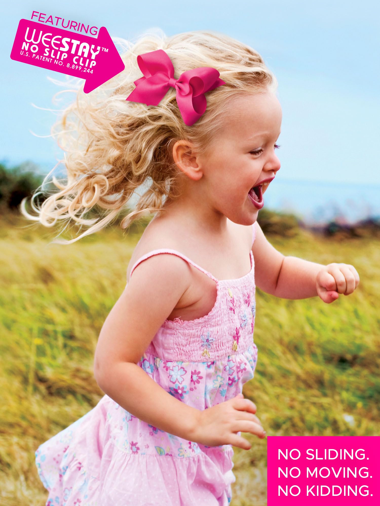 Wee Ones bow in use on toddler showing comfortable fit benefit: stays in place