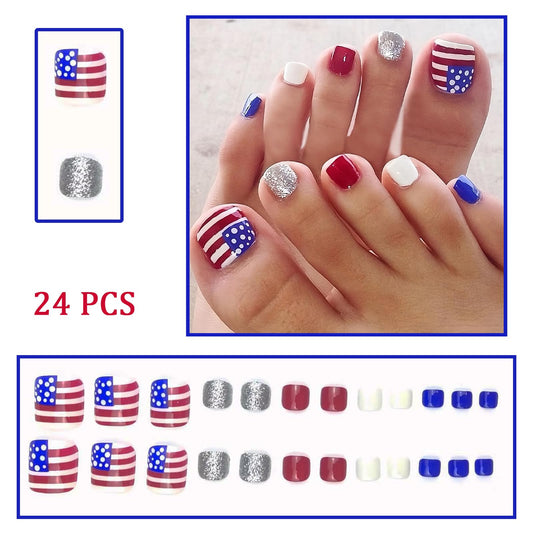 WEIXIWUYU close-up of red blue white glitter toenail detail offering festive sparkle