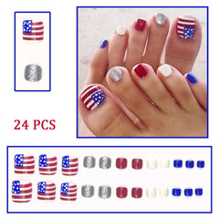 WEIXIWUYU close-up of red blue white glitter toenail detail offering festive sparkle