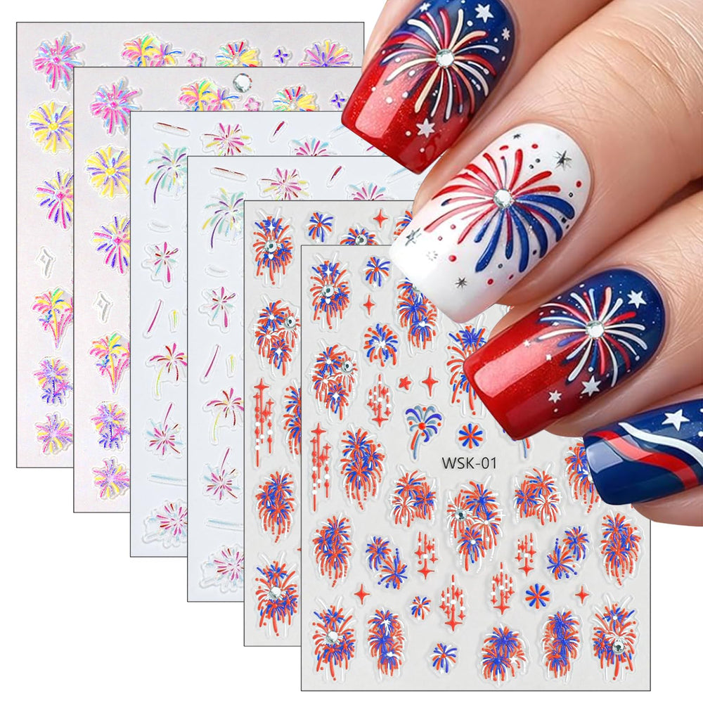 WEIXIWUYU front packaging showing six colorful firework sticker sheets and benefit of variety