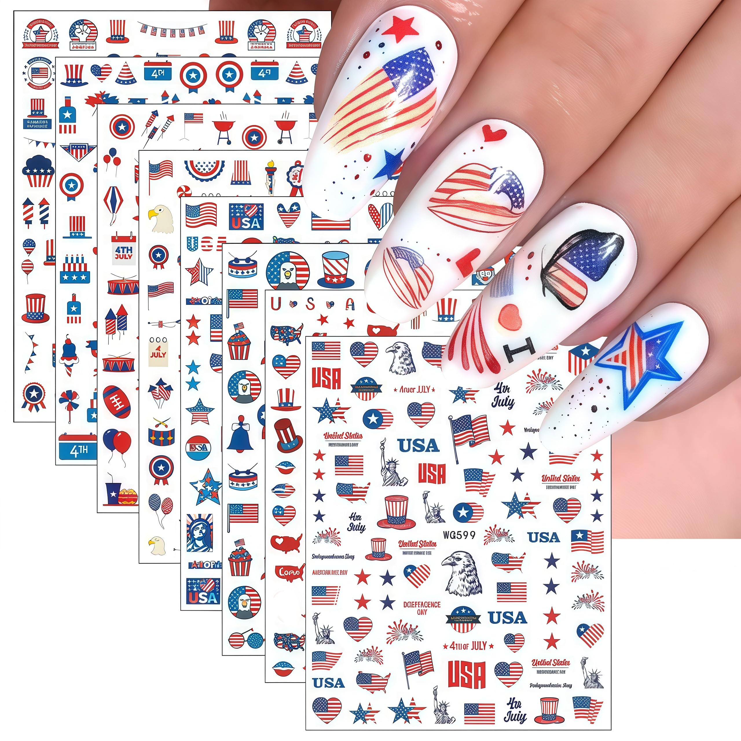 WEIXIWUYU front packaging showing 8 patriotic decal sheets and easy application benefit