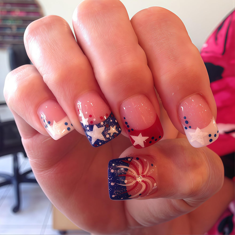 WEIXIWUYU front packaging showing 24-piece patriotic press-on nail kit and tools