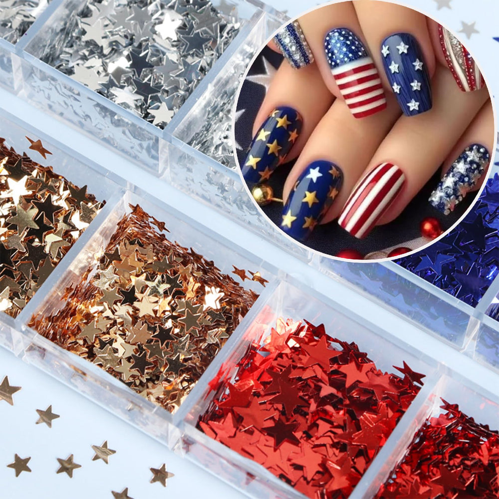 WEIXIWUYU size comparison of star sequins showing scale for nail design planning