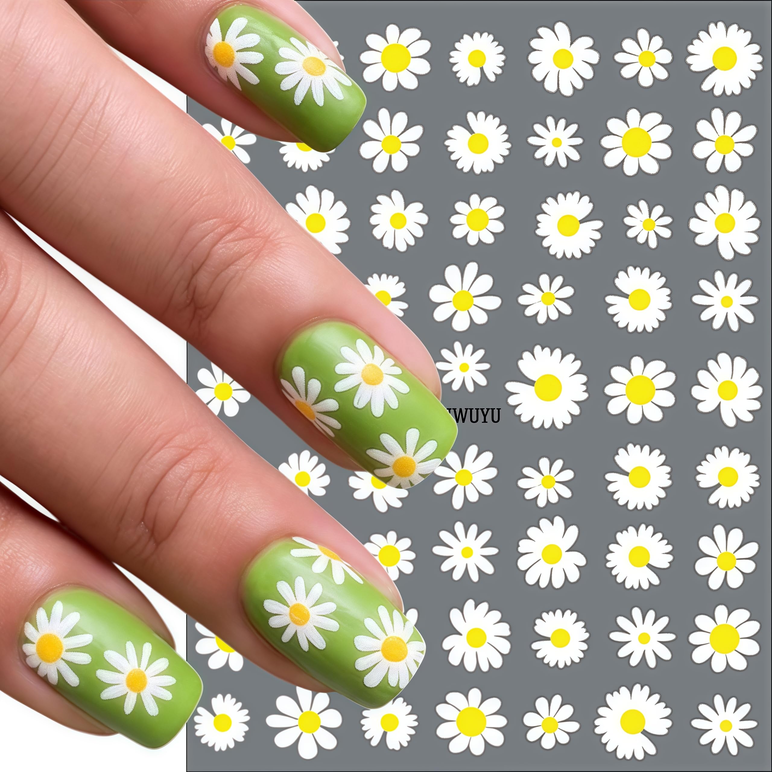 WEIXIWUYU stickers applied on acrylic nails creating fresh spring look