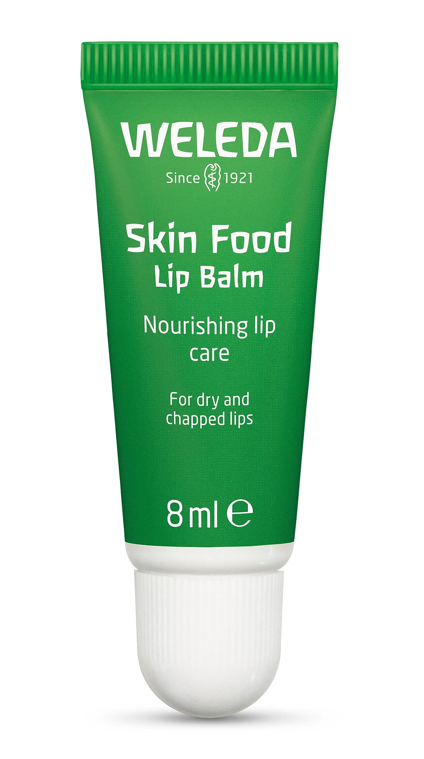 Weleda lip butter front tube showing brand and compact packaging with travel-ready benefit
