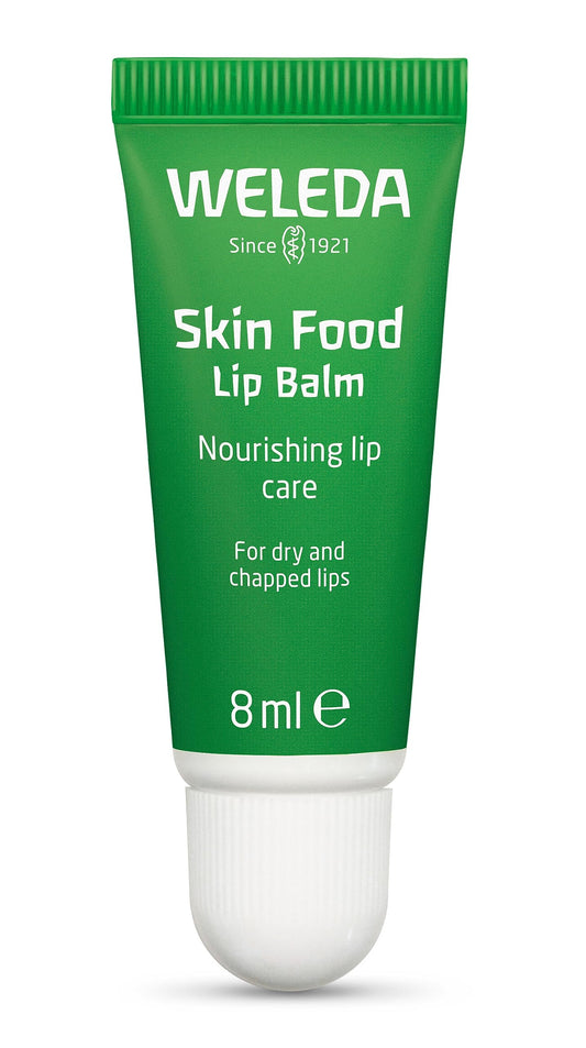 Weleda lip butter front tube showing brand and compact packaging with travel-ready benefit