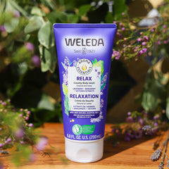 Weleda Relax on bathroom shelf staged for a calming, spa-like routine
