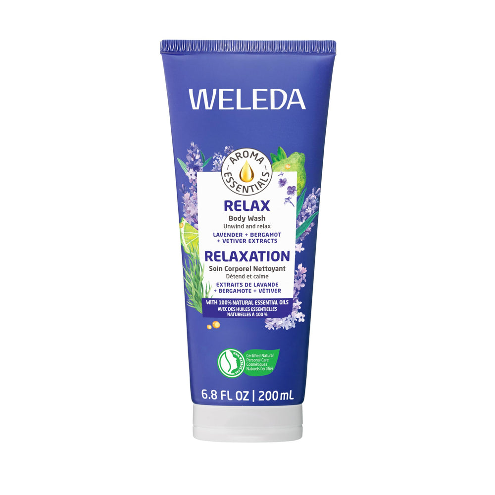 Weleda Relax creamy body wash front packaging showing brand and product benefits