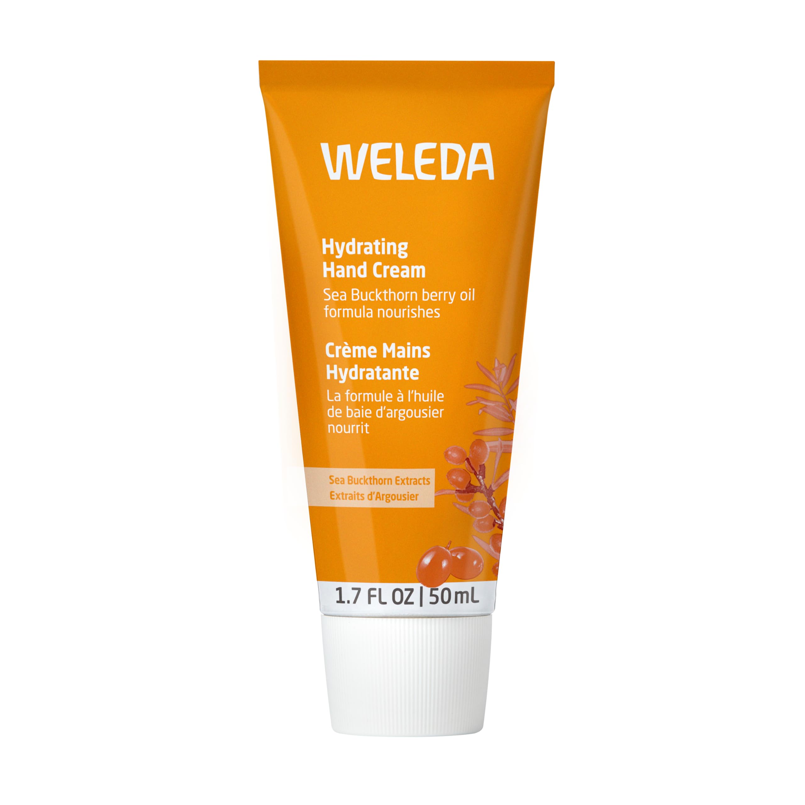 Weleda sea buckthorn hand cream front tube showing label and size for easy identification and portability