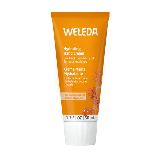 Weleda sea buckthorn hand cream front tube showing label and size for easy identification and portability