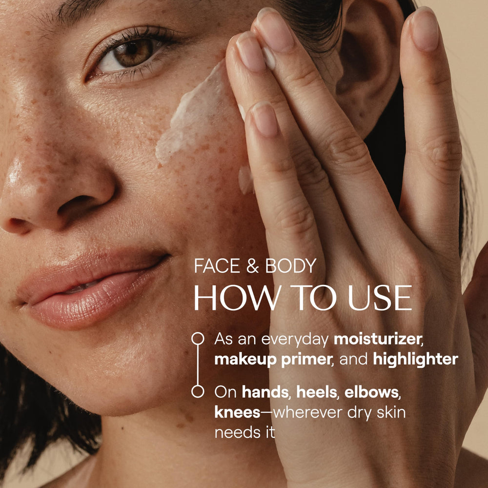 Applying Weleda Skin Food Light on cheek demonstrating makeup-primer and dewy glow benefit