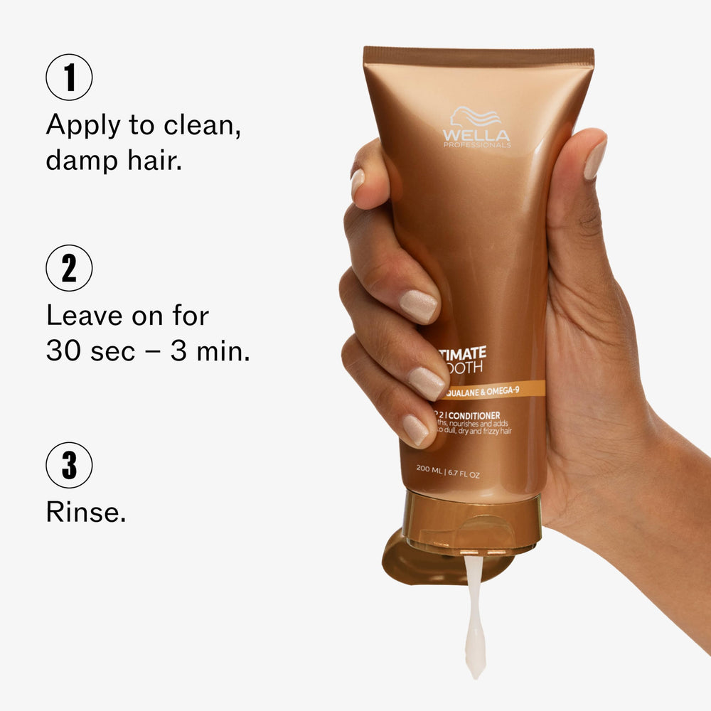 Wella Professionals applying conditioner in shower to reduce frizz