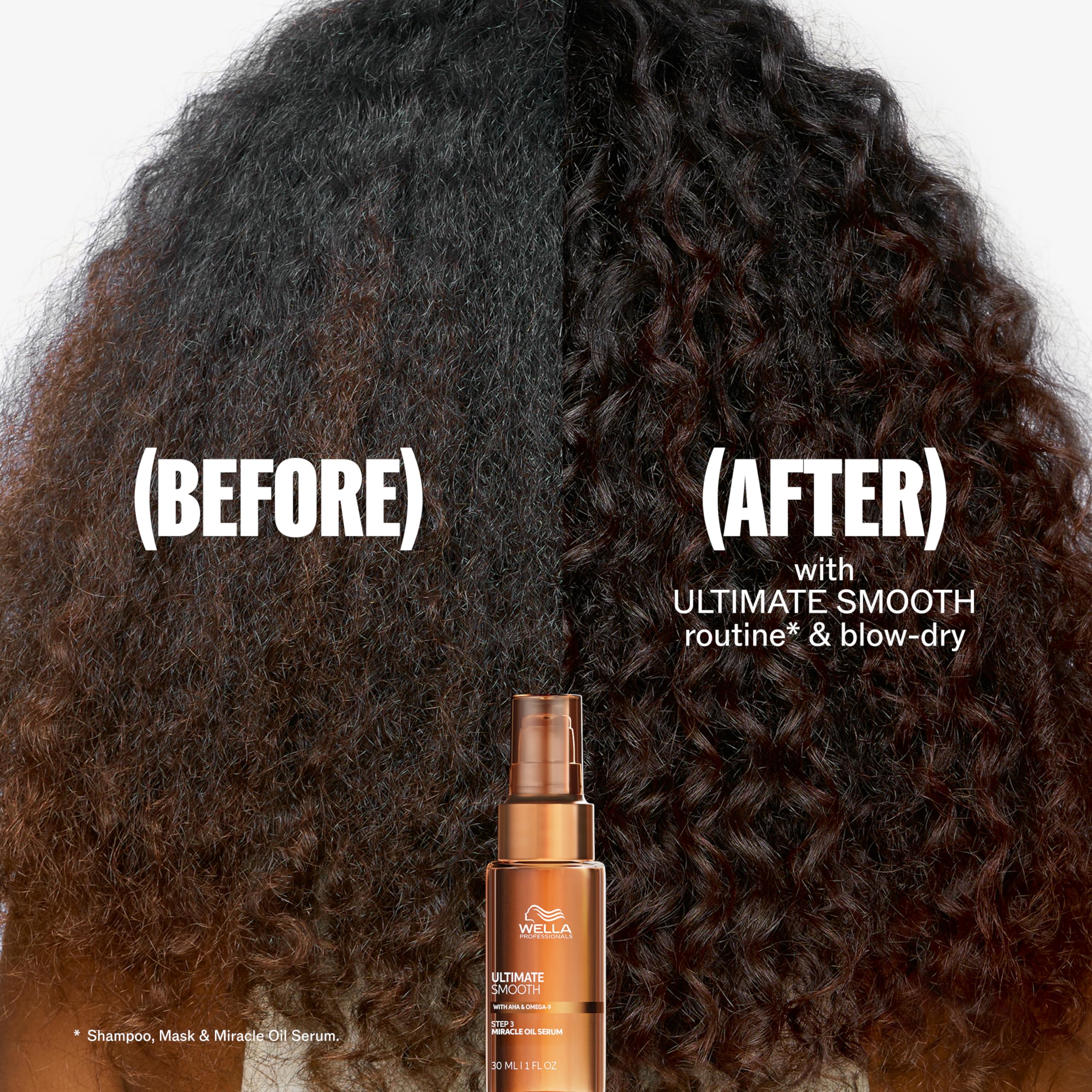 Wella Professionals before and after hair showing reduced frizz and shine