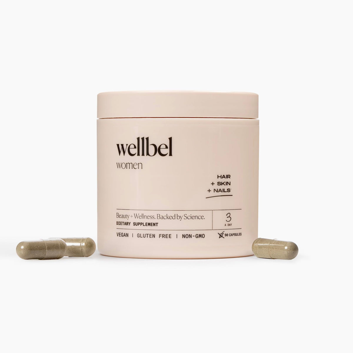 WELLBEL bottle front label showing clean ingredient focus and benefit