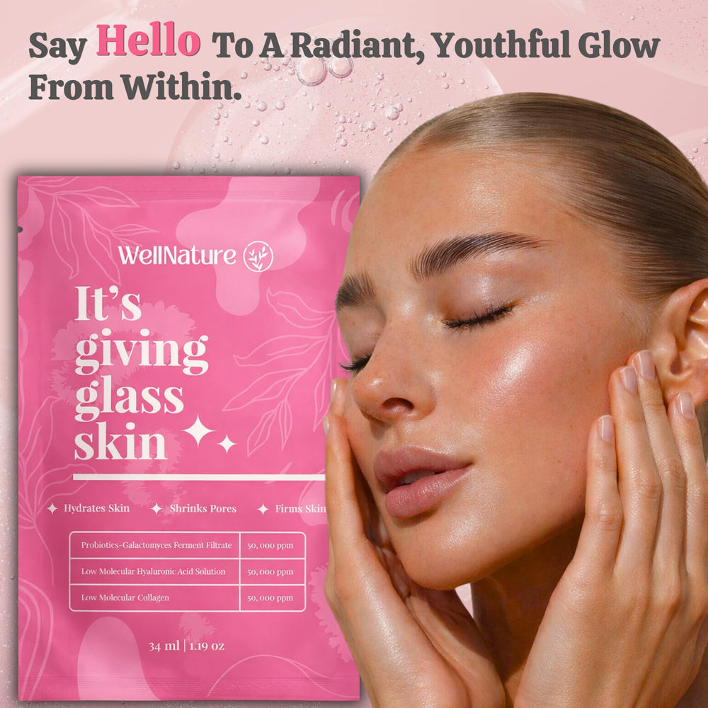 Wellnature ingredient display featuring collagen and hyaluronic for deep-hydration benefit
