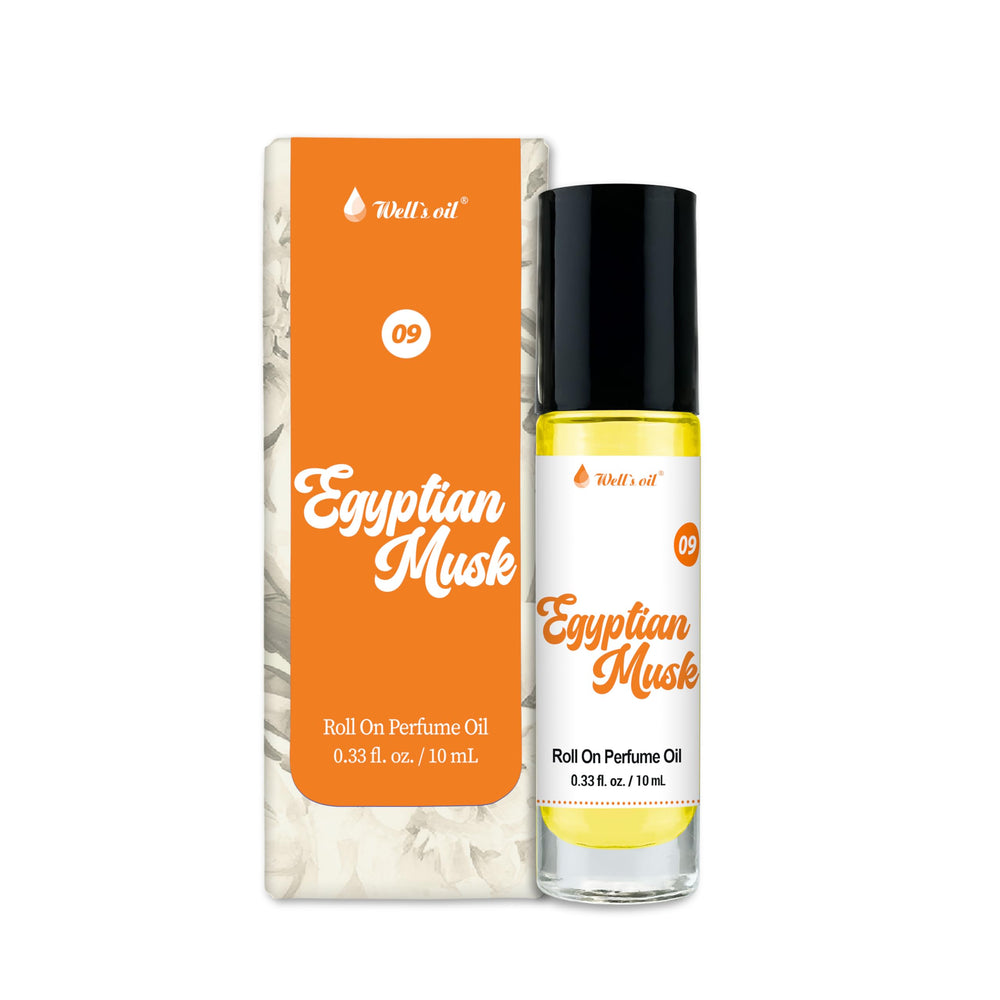 Well's Oil bottle front view showing compact design and Egyptian Musk scent