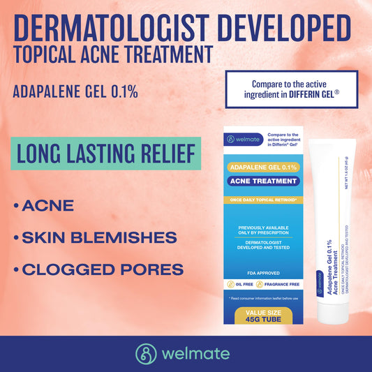 WELMATE tube close‑up with legible adapalene 0.1% label and usable nozzle