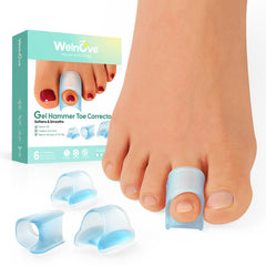 Welnove front packaging showing six blue gel toe splints, protects toes comfortably