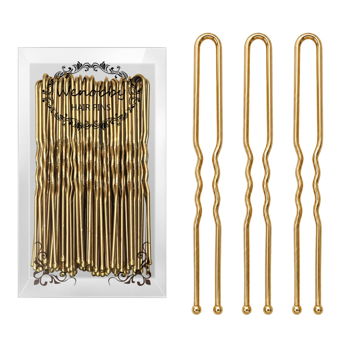 wenobby front packaging showing gold U pins and clear storage boxes for easy access