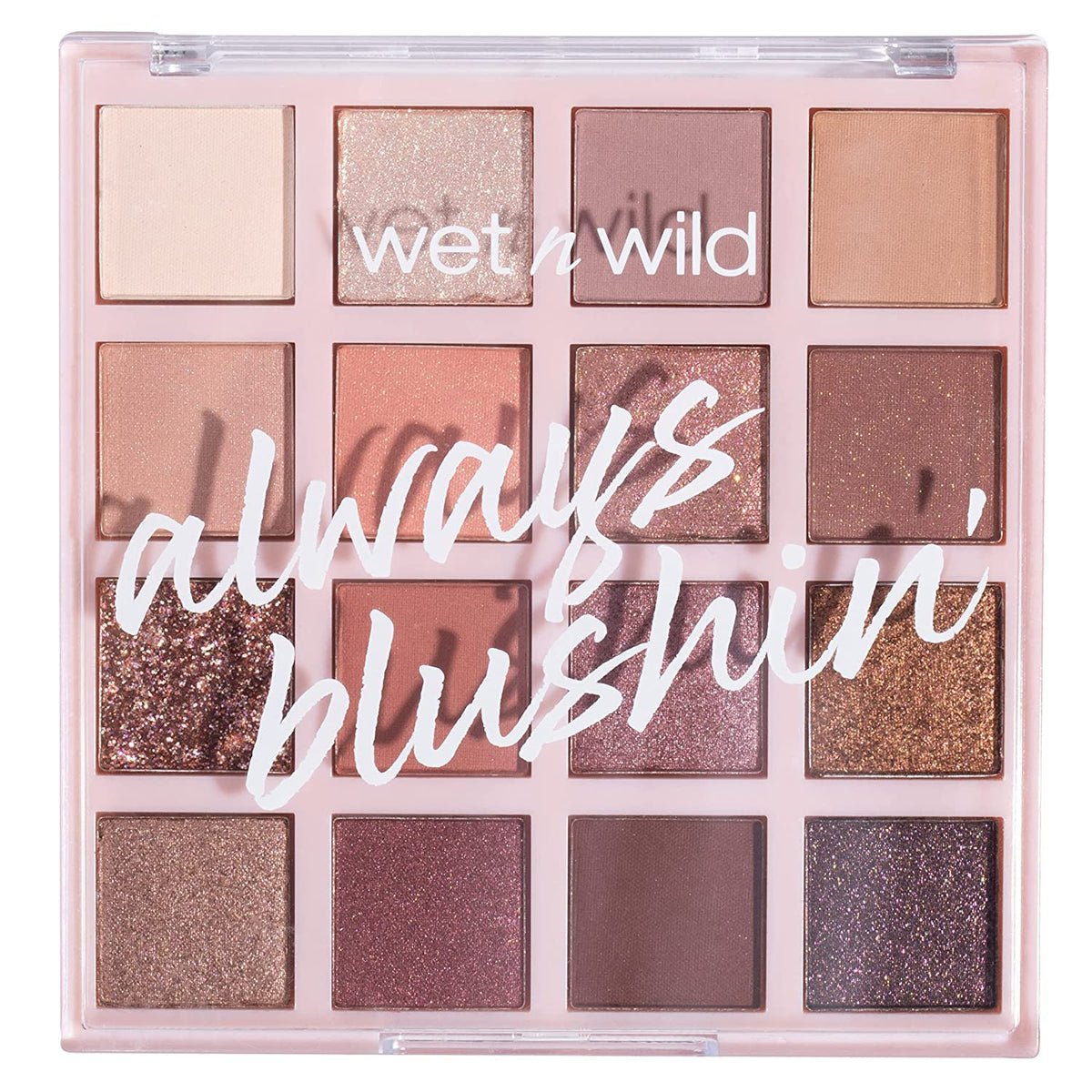 wet n wild front view of the open palette showing all 16 shades and easy color selection benefit
