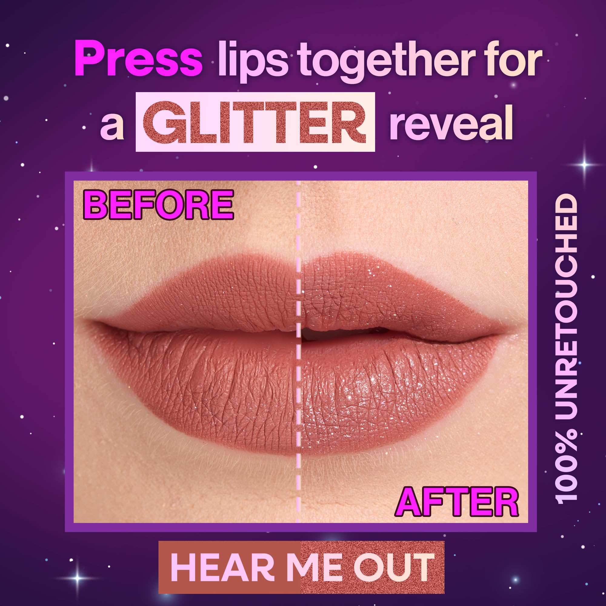 wet n wild glitter activation on lips showing shimmering finish and dimensional look benefit