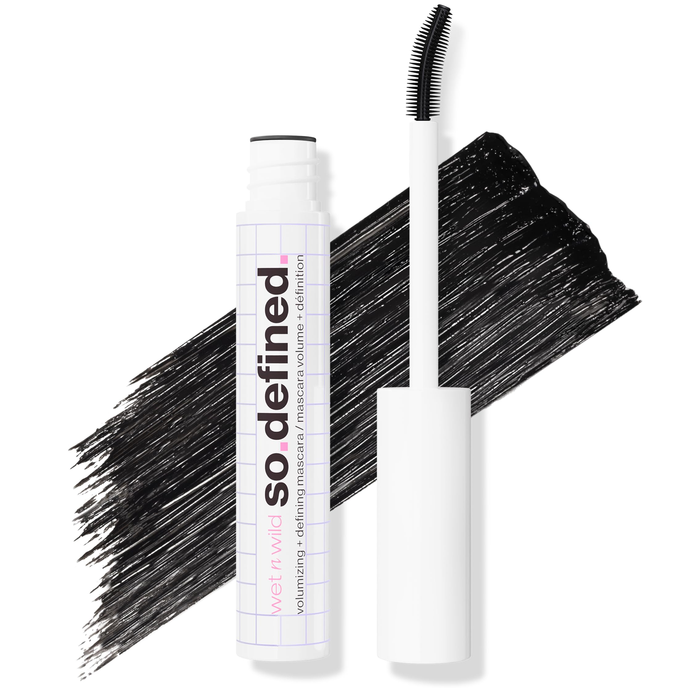 wet n wild mascara tube front showing sleek packaging and bold black shade benefit
