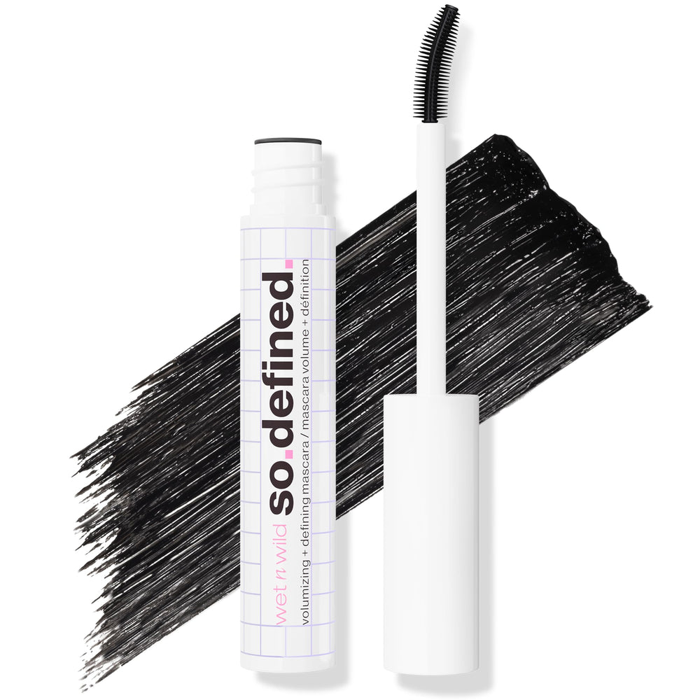 wet n wild mascara tube front showing sleek packaging and bold black shade benefit
