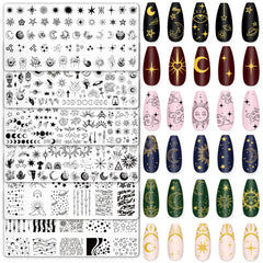 Whaline front view of six celestial stamping plates showing varied sun moon star designs and easy selection benefit
