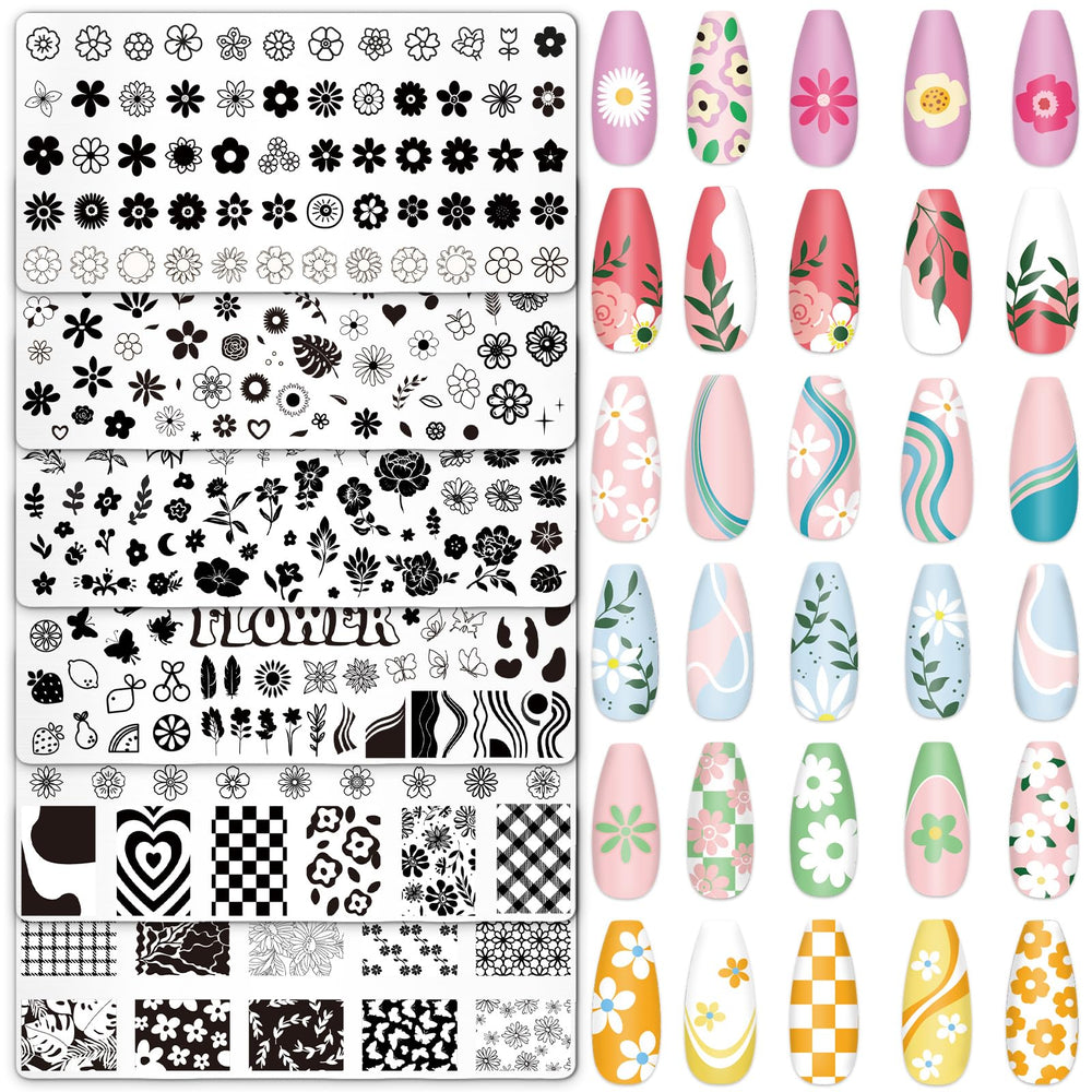 Whaline front view of six floral stamping plates shows variety and easy selection benefit
