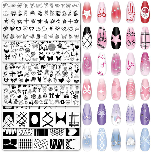 Whaline front view of six coquette nail plates showing variety and organization
