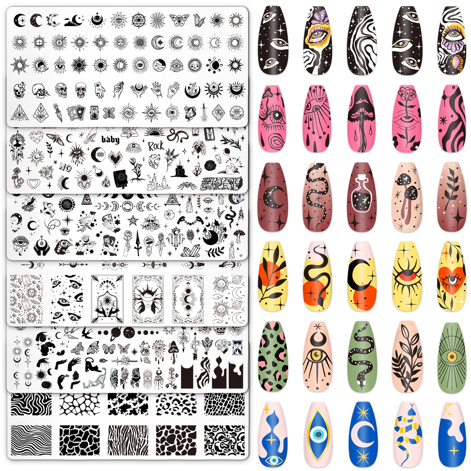 Whaline front view of six Gothic nail stamping plates showcasing set benefits