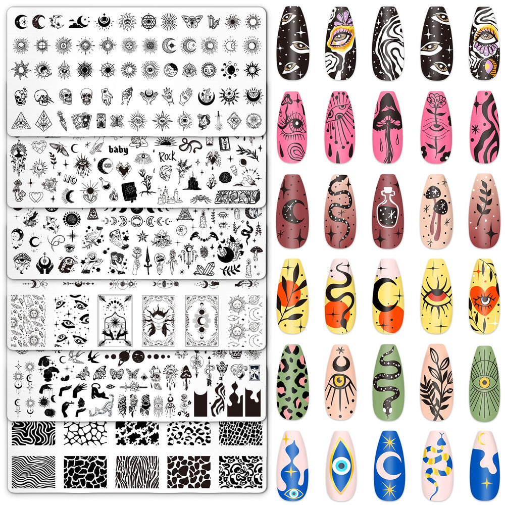 Whaline front view of six Gothic nail stamping plates showcasing set benefits