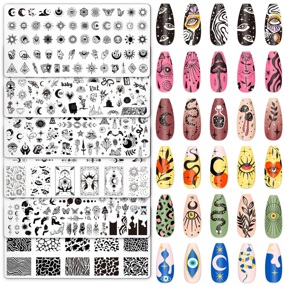Whaline front view of six Gothic nail stamping plates showcasing set benefits