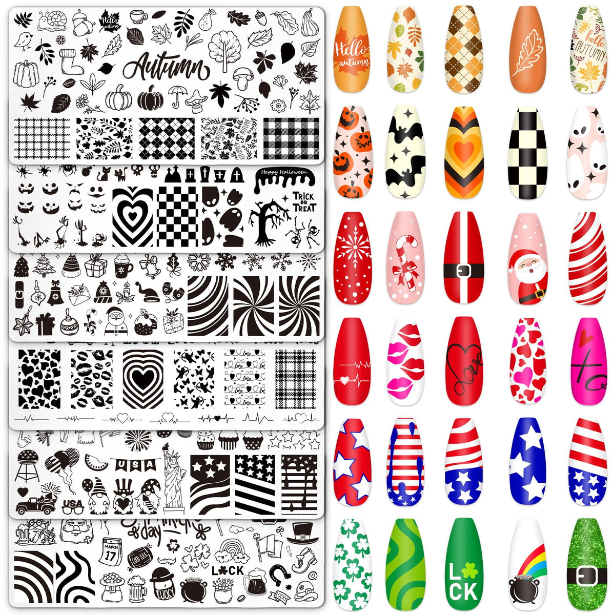 Whaline flat lay of six holiday nail stamping plates showing variety and convenience