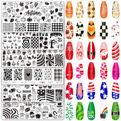 Whaline flat lay of six holiday nail stamping plates showing variety and convenience