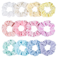 Whaline front view of 12 pastel scrunchies showing colors and packaging benefit: easy outfit matching