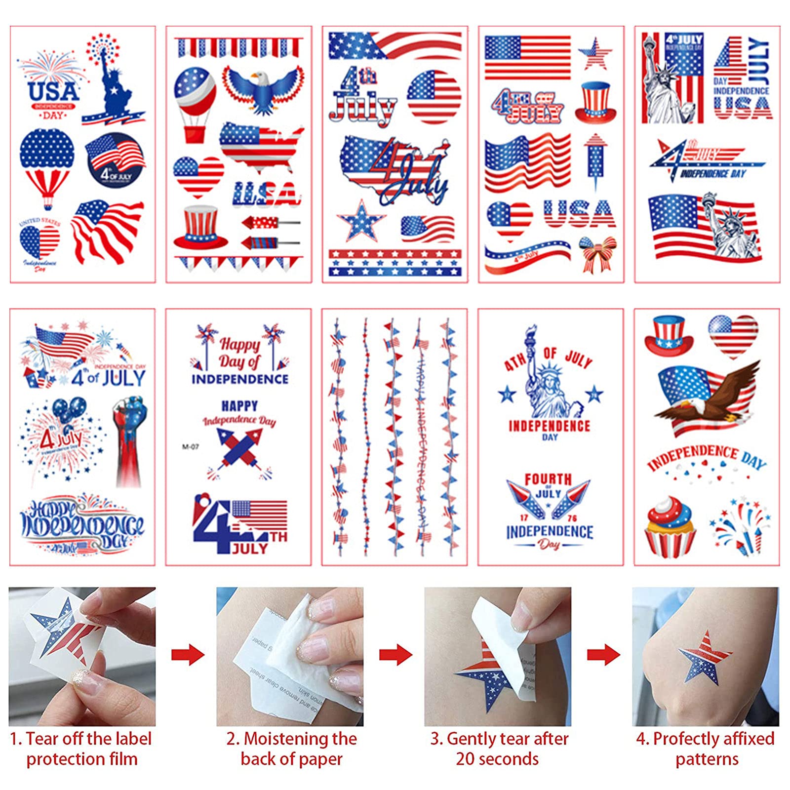 Whaline temporary tattoo sheets displayed with patriotic designs for easy application