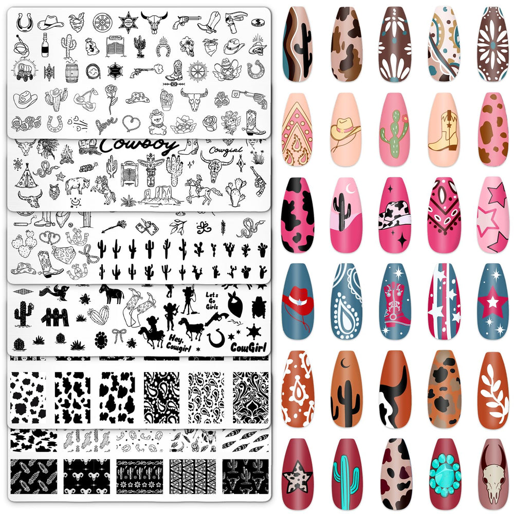 Whaline front view of six western nail stamping plates showing variety and precision