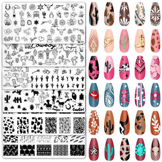 Whaline front view of six western nail stamping plates showing variety and precision