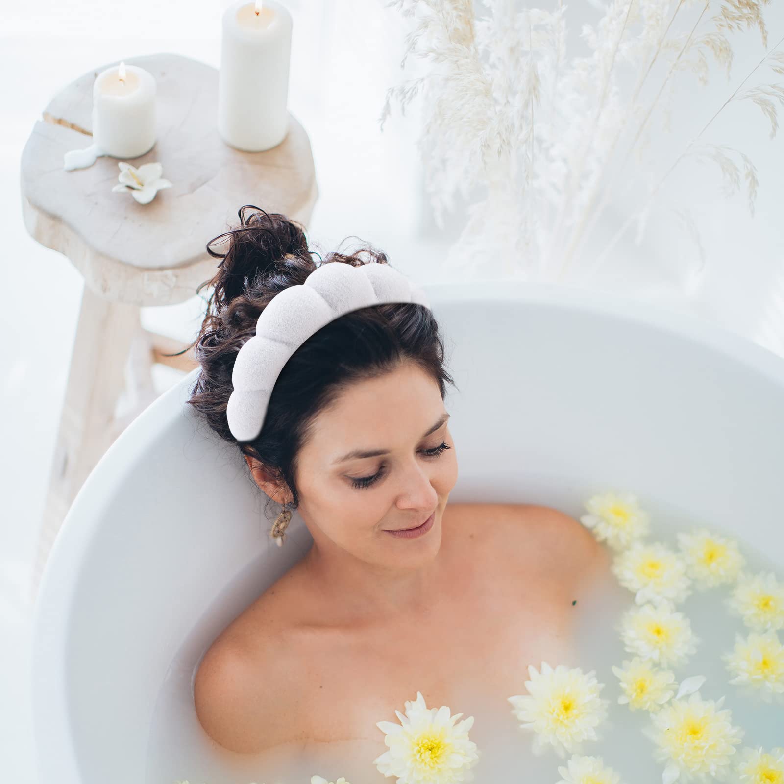 WHAVEL model wearing headband while washing face for hair protection benefit