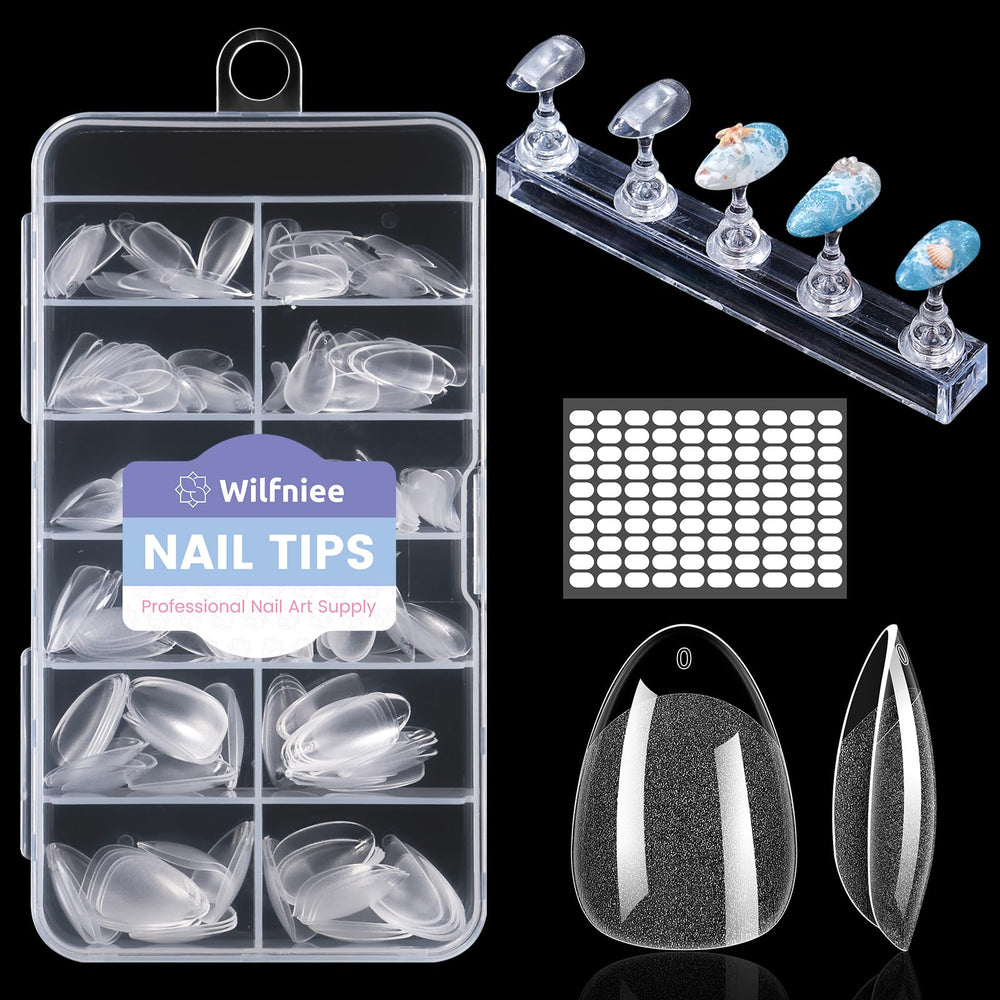 Wilfniee front packaging showing 240pcs almond tips and included stand for easy organization