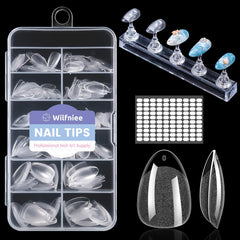 Wilfniee front packaging showing 240pcs almond tips and included stand for easy organization