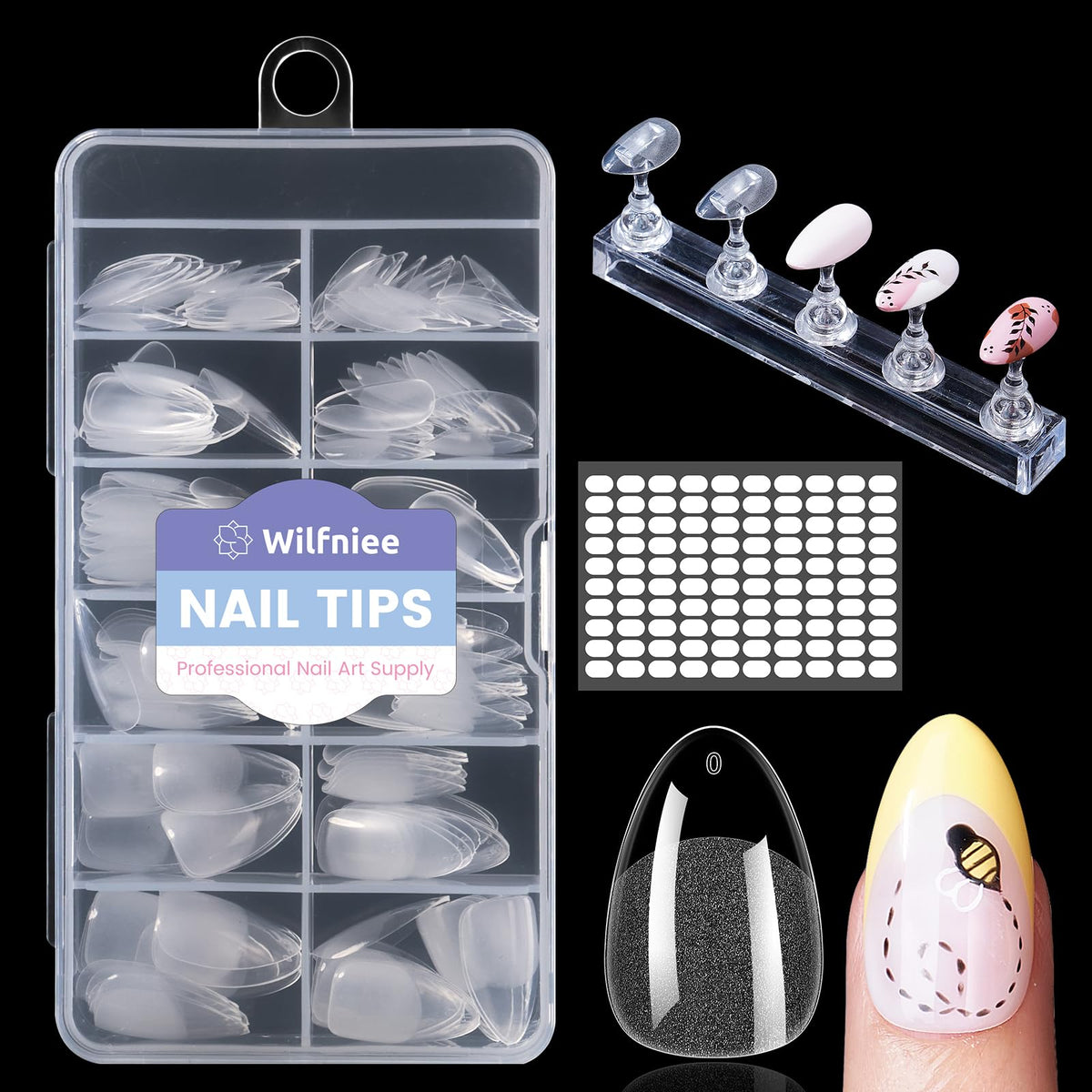 Wilfniee front packaging showing 240 clear almond tips and benefits