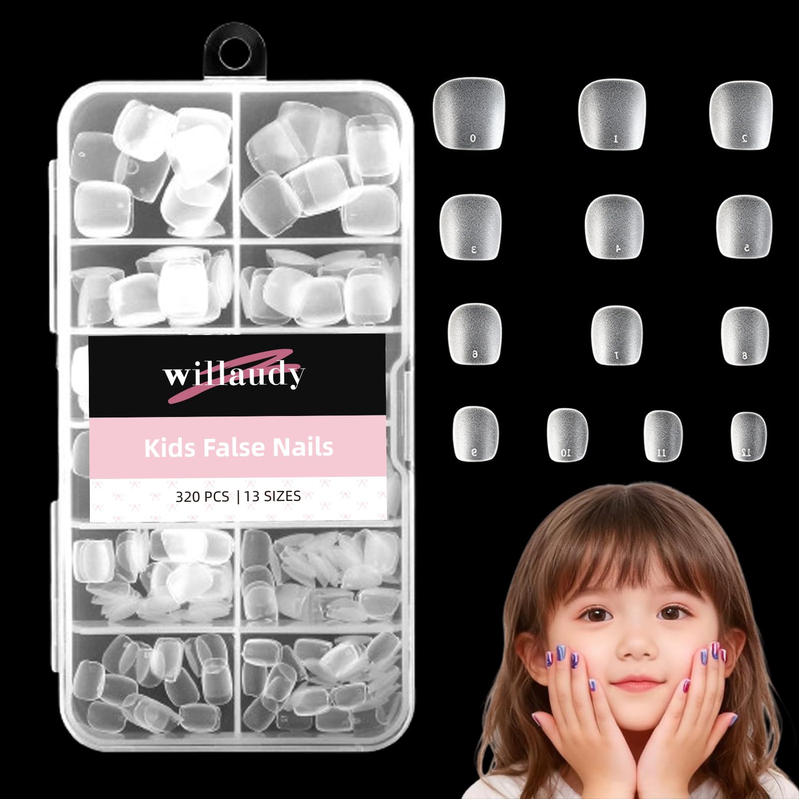 Willaudy front packaging showing complete 320-piece kids nail kit and benefits