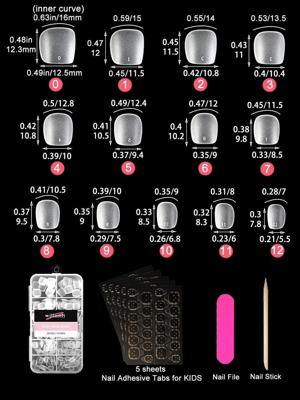 Willaudy size layout display of 13 sizes for accurate fitting on kids' nails