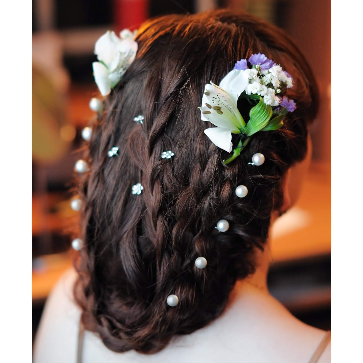 WILLBOND clustered pins in bridesmaid hair creating delicate floral accents